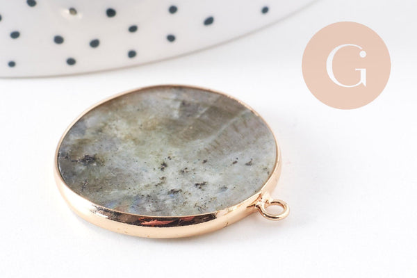 Pendentif rond labradorite naturel laiton doré 35mm, x1 (G10110)