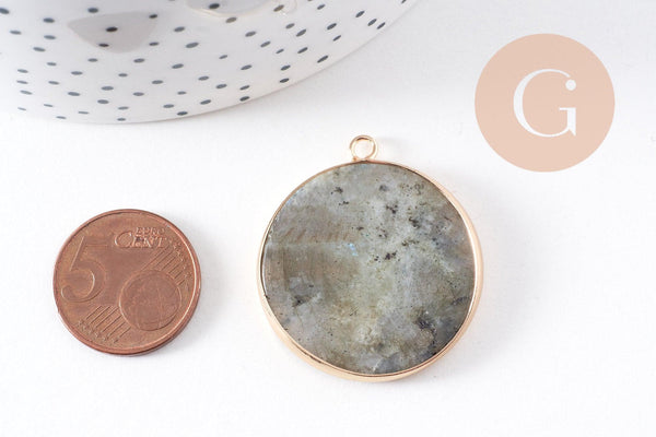 Pendentif rond labradorite naturel laiton doré 35mm, x1 (G10110)
