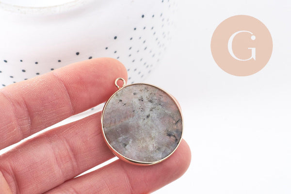 Pendentif rond labradorite naturel laiton doré 35mm, x1 (G10110)