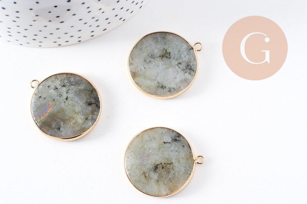 Pendentif rond labradorite naturel laiton doré 35mm, x1 (G10110)