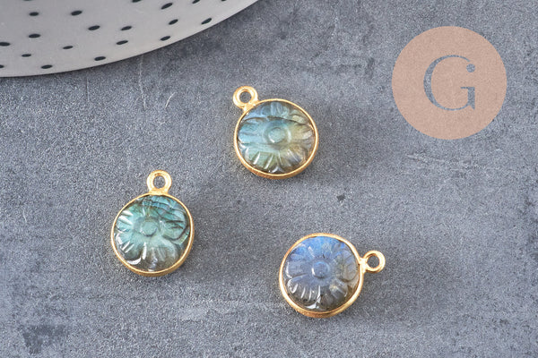 Pendentif rond labradorite naturelle sculptée argent 925 doré 18K 13mm, x1 (G10842)