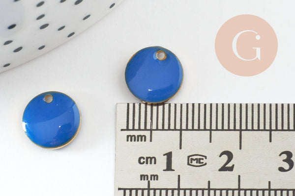 Pendentif rond laiton brut émail bleu, laiton doré, pendentif rond sequin, 10mm, x10 G8044