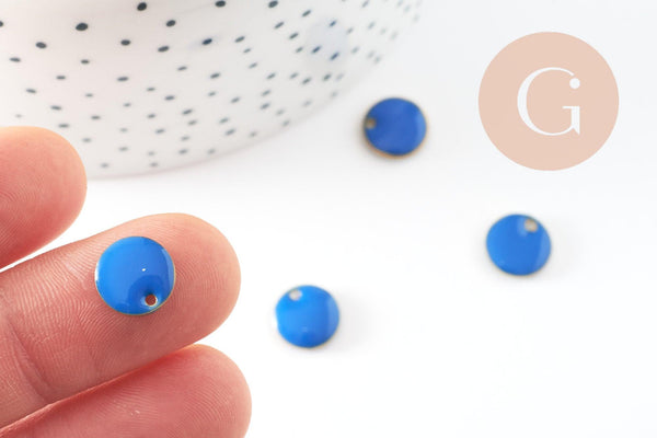 Pendentif rond laiton brut émail bleu, laiton doré, pendentif rond sequin, 10mm, x10 G8044