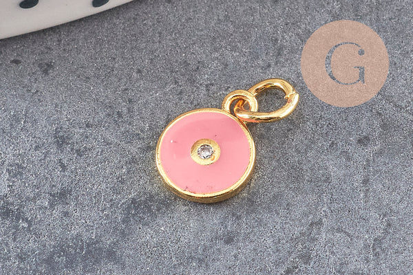 Pendentif rond laiton doré 18K émaillé et zircon 10mm, x1 (G3474)