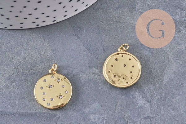 Pendentif rond laiton doré 18K et zircons 23mm, x1 (G10976)