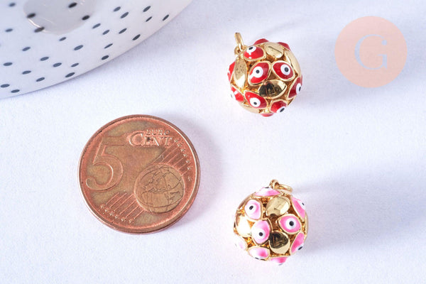 Pendentif rond laiton doré émaillé motif mauvais œil 15mm, créations de bijoux dorés, x1 G6887