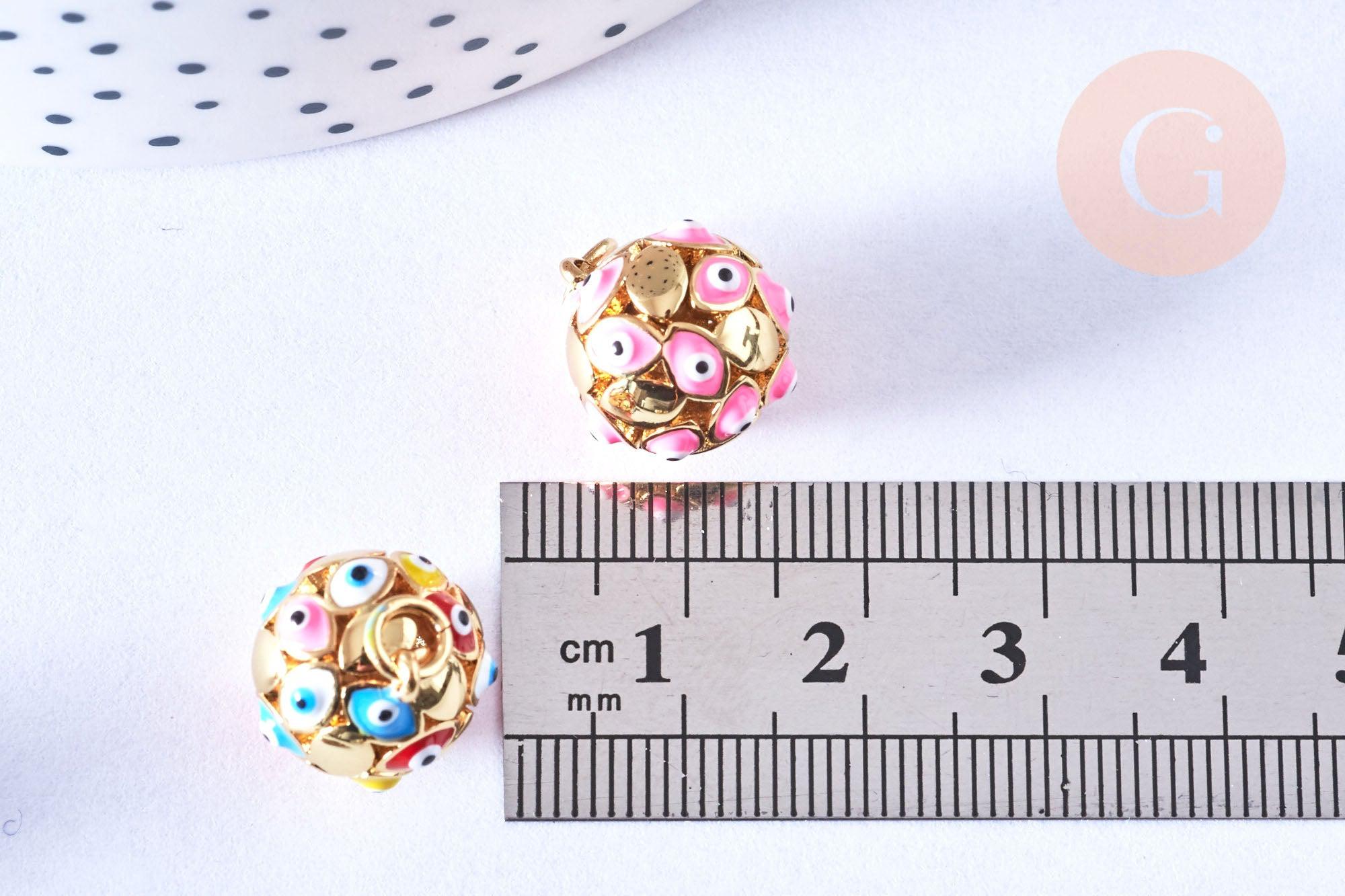 Pendentif rond laiton doré émaillé motif mauvais œil 15mm, créations de bijoux dorés, x1 G6887