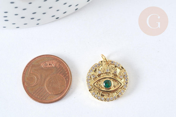 Pendentif rond laiton doré oeil protecteur zircons blanc et vert 18mm, x1 G7373