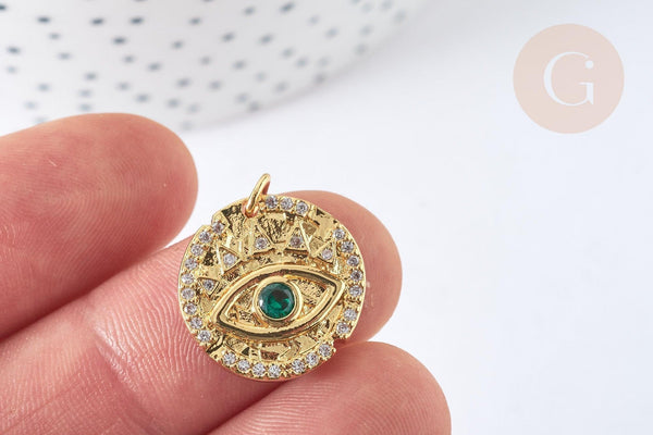 Pendentif rond laiton doré oeil protecteur zircons blanc et vert 18mm, x1 G7373