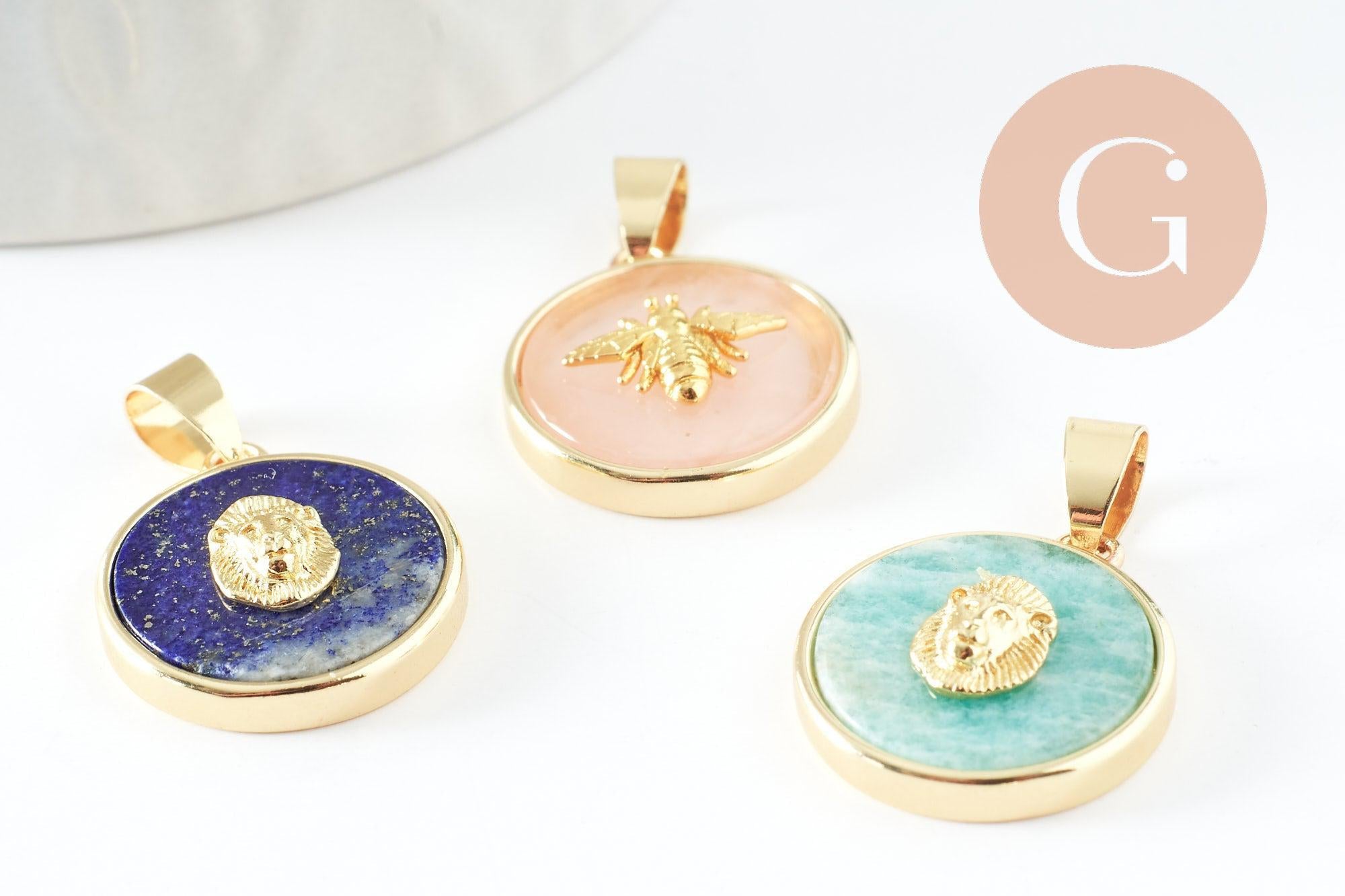 Pendentif rond lapis amazonite quartz rose 21.5mm, x1 (G3159)