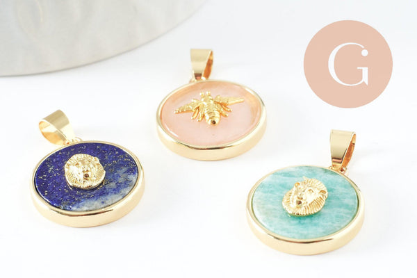 Pendentif rond lapis amazonite quartz rose, un pendentif pour la creation de bijoux pierre naturelle,21.5mm, x1 (G3159)