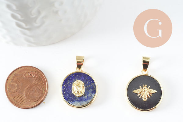 Pendentif rond lapis amazonite quartz rose, un pendentif pour la creation de bijoux pierre naturelle,21.5mm, x1 (G3159)