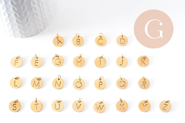 Pendentif rond lettre initiale acier doré sans nickel 12mm, x1 (G4786)