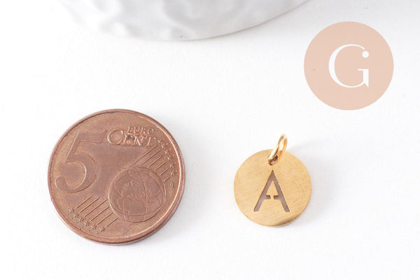 Pendentif rond lettre initiale acier doré sans nickel 12mm, x1 (G4786)