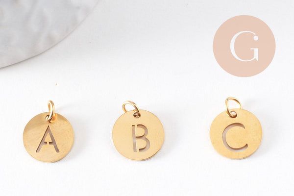 Pendentif rond lettre initiale acier doré sans nickel 12mm, x1 (G4786)
