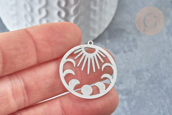 Pendentif rond lune et soleil argenté acier inoxydable 30mm x1 (G7609)