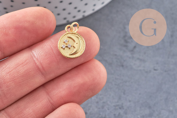 Pendentif rond lune étoiles laiton doré 16K étoile zircon 15.3mm, un pendentif doré avec cristaux pour création bijoux, x1 (G5998)