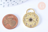 Pendentif rond lune étoiles laiton doré 18K zircon 27.5mm,pendentif doré avec cristaux pour création bijoux, x1 G6969