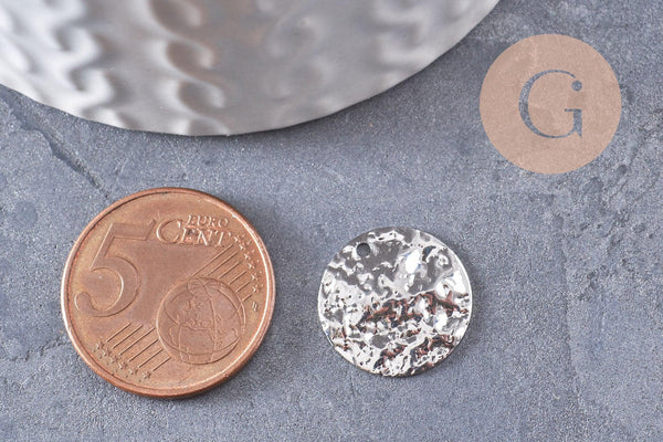 Pendentif rond martelé laiton argenté platine véritable, pendentif géométrique texturé or blanc, 15mm, x2 (G4620)