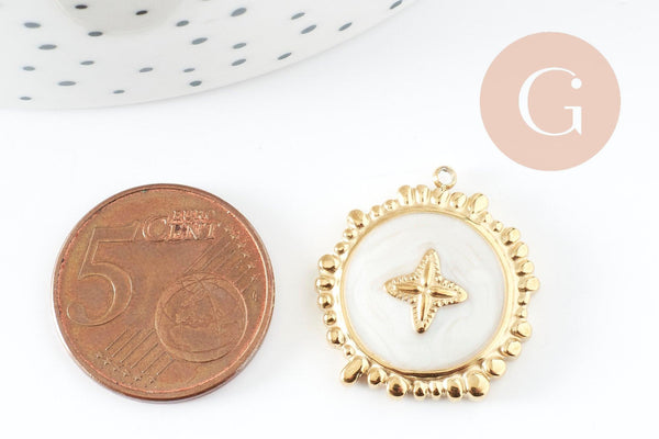 Pendentif rond motif fleur 304 inoxydable doré PVD résine blanche 23mm, x1 (G9405)