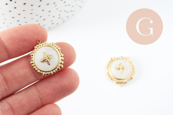 Pendentif rond motif fleur 304 inoxydable doré PVD résine blanche 23mm, x1 (G9405)