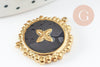 Pendentif rond motif fleur 304 inoxydable doré PVD résine noire 23mm, x1 G9406