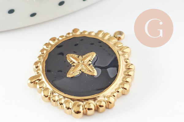 Pendentif rond motif fleur 304 inoxydable doré PVD résine noire 23mm, x1 G9406