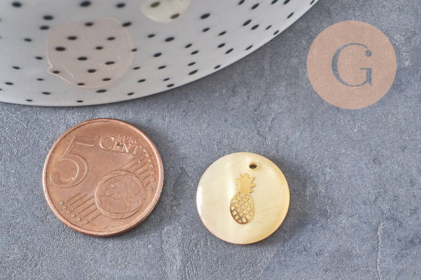 Pendentif rond nacre ananas,fourniture créative, pendentif ananas,coquillage blanc naturel,16mm,1 trou x10 (G0669)