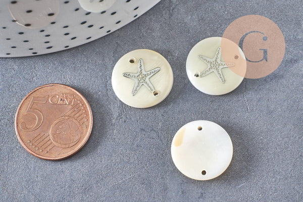 Pendentif rond nacre ancre argenté, pendentif ancre,coquillage blanc,coquillage naturel,création bijoux,16mm,2 trous x10 (G1070)