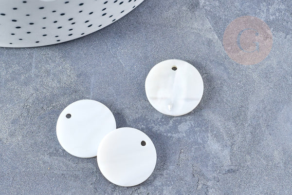 Pendentif rond nacre blanche 20mm, pendentif coquillage blanc naturel, x5 G8532