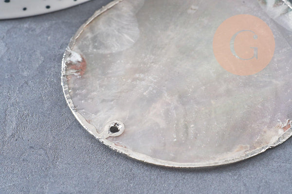 Pendentif rond nacre blanche argent, pendentif coquillage, coquillage blanc, coquillage naturel,création bijoux, 70mm, x1 (G1076)