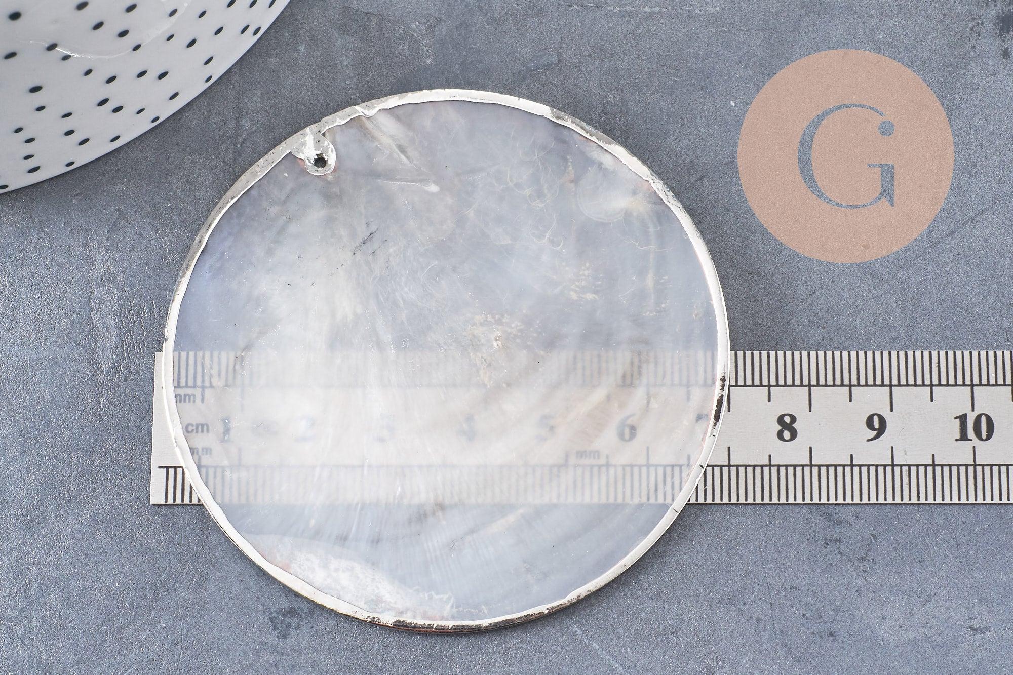 Pendentif rond nacre blanche argent, pendentif coquillage, coquillage blanc, coquillage naturel,création bijoux, 70mm, x1 (G1076)