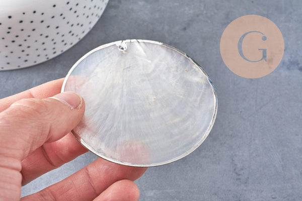 Pendentif rond nacre blanche argent, pendentif coquillage, coquillage blanc, coquillage naturel,création bijoux, 70mm, x1 (G1076)