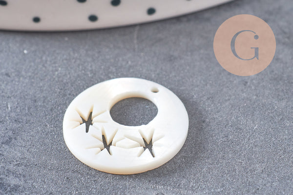 Pendentif rond nacre blanche étoile, pendentif coquillage, coquillage beige,coquillage naturel,création bijoux,18mm, x 2 G4170
