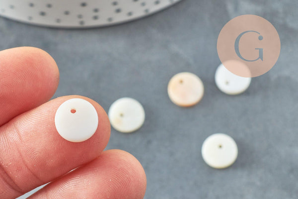 Pendentif rond nacre blanche, pendentif coquillage, coquillage naturel,11mm, x10 (G0360)