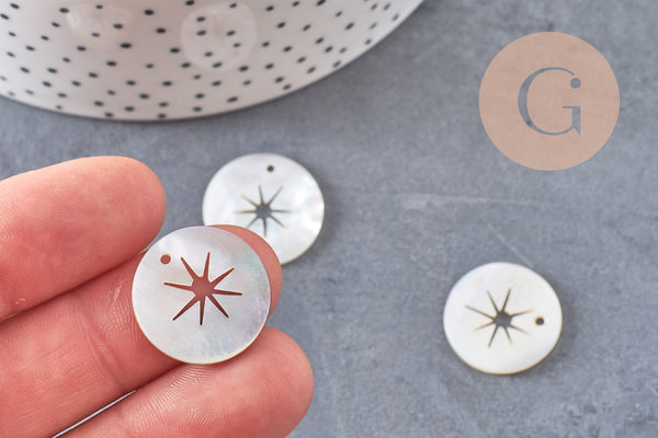 Pendentif rond nacre étoile, pendentif coquillage, coquillage beige,coquillage naturel,création bijoux,20mm, étoile,lot 5-G2179