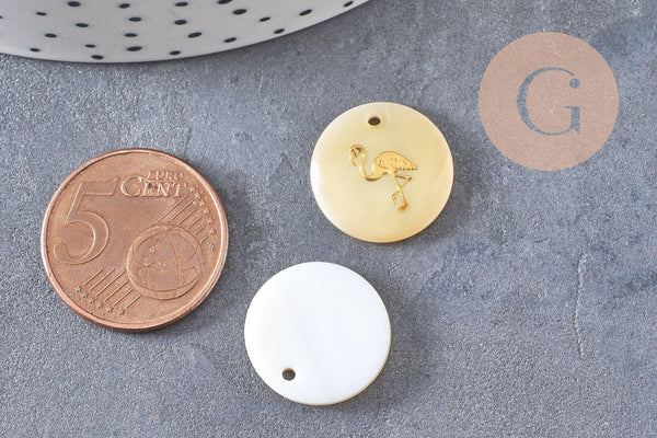 Pendentif rond nacre flamand rose, pendentif éléphant,coquillage blanc,coquillage naturel,création bijoux,16mm,1 trou x10 (G0481)