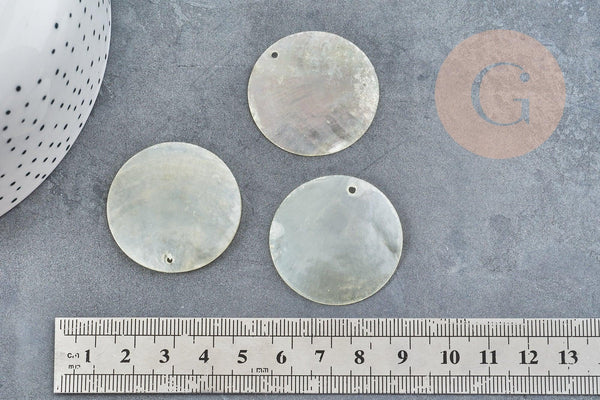 Pendentif rond nacre naturelle blanche 35mm, x5 (G8277)