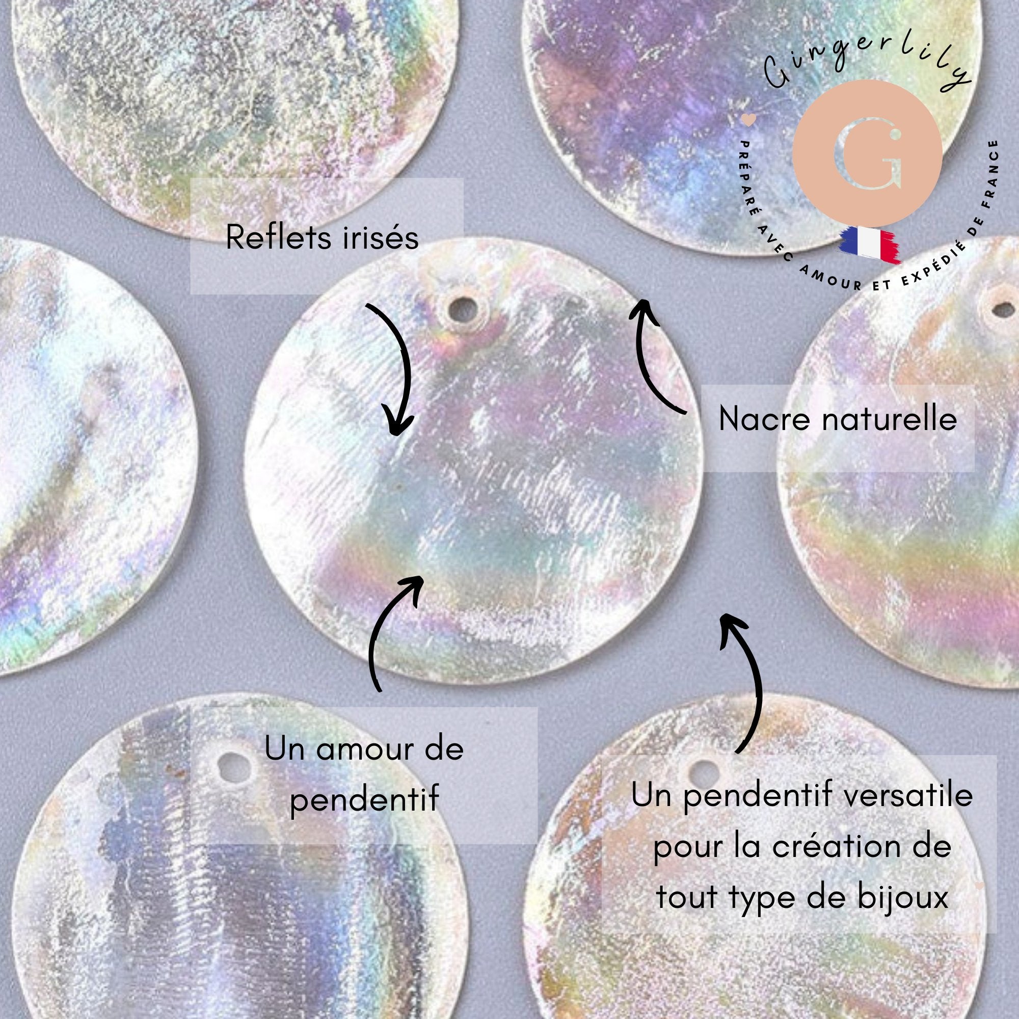 Pendentif rond nacre naturelle blanche irisé 25mm, x10 (G3010)