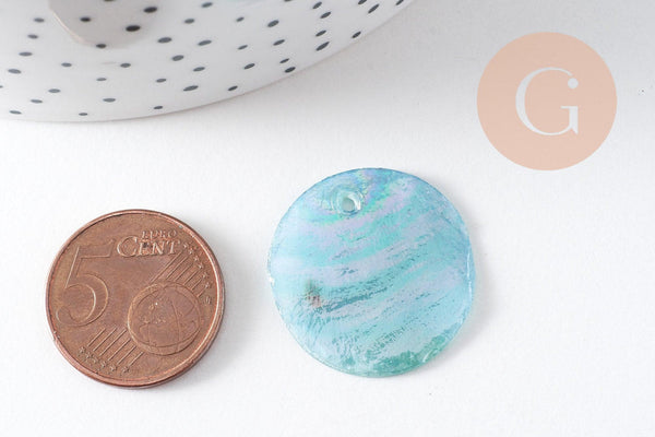 Pendentif rond nacre naturelle bleu irisé 25mm, x10 (G3969)