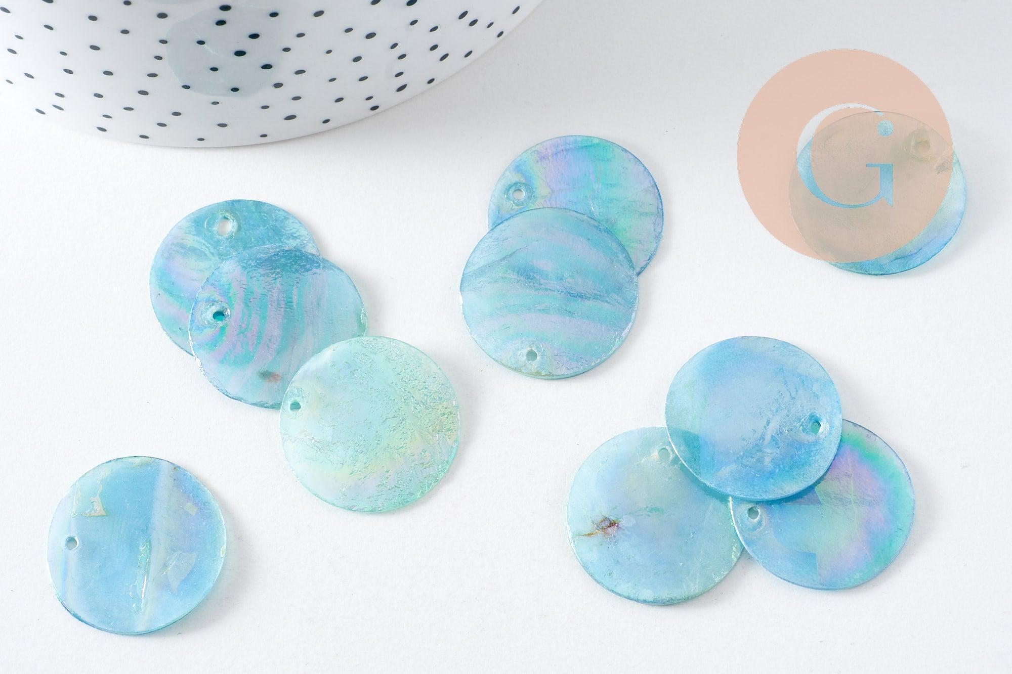 Pendentif rond nacre naturelle bleu irisé 25mm, x10 (G3969)