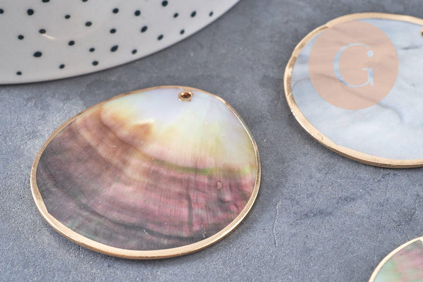 Pendentif rond nacre noire doré, pendentif coquillage, coquillage noir, coquillage naturel,45mm, x1 (G5413)