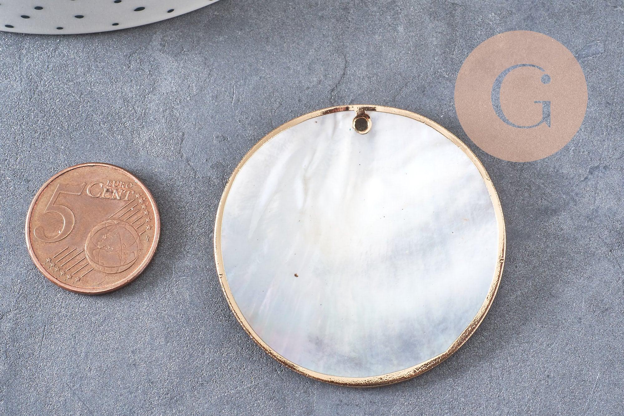 Pendentif rond nacre noire doré, pendentif coquillage, coquillage noir, coquillage naturel,45mm, x1 (G5413)