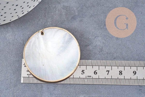 Pendentif rond nacre noire doré, pendentif coquillage, coquillage noir, coquillage naturel,45mm, x1 (G5413)