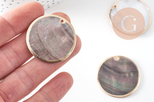 Pendentif rond nacre noire doré, pendentif coquillage, coquillage noir, coquillage naturel,création bijoux,35mm, x2 (G2182)