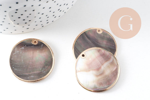 Pendentif rond nacre noire doré, pendentif coquillage, coquillage noir, coquillage naturel,création bijoux,35mm, x2 (G2182)