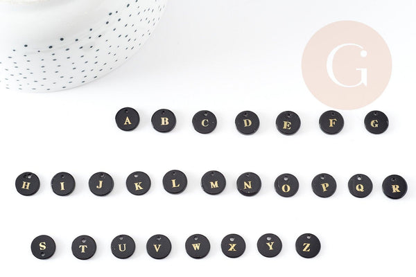 Pendentif rond nacre noire lettre, coquillage noir, pendentif initiale percé, 11mm, x1 (G0102)