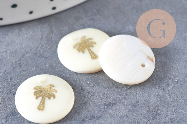 Pendentif rond nacre palmier, pendentif palmier,coquillage blanc naturel,16mm,1 trou, x 5 (G0833)