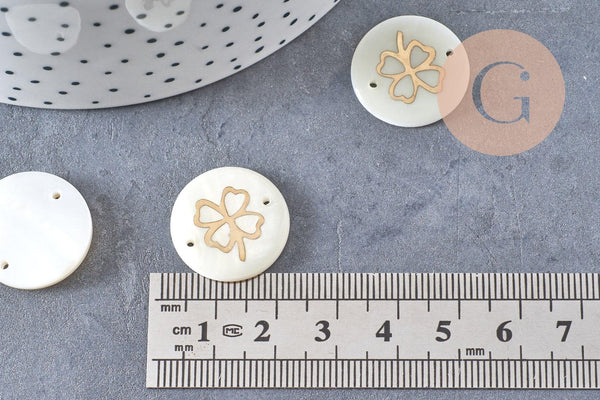 Pendentif rond nacre trèfle quatre feuilles 16mm, pendentif trèfle,coquillage blanc, coquillage naturel, x5 (G0915)