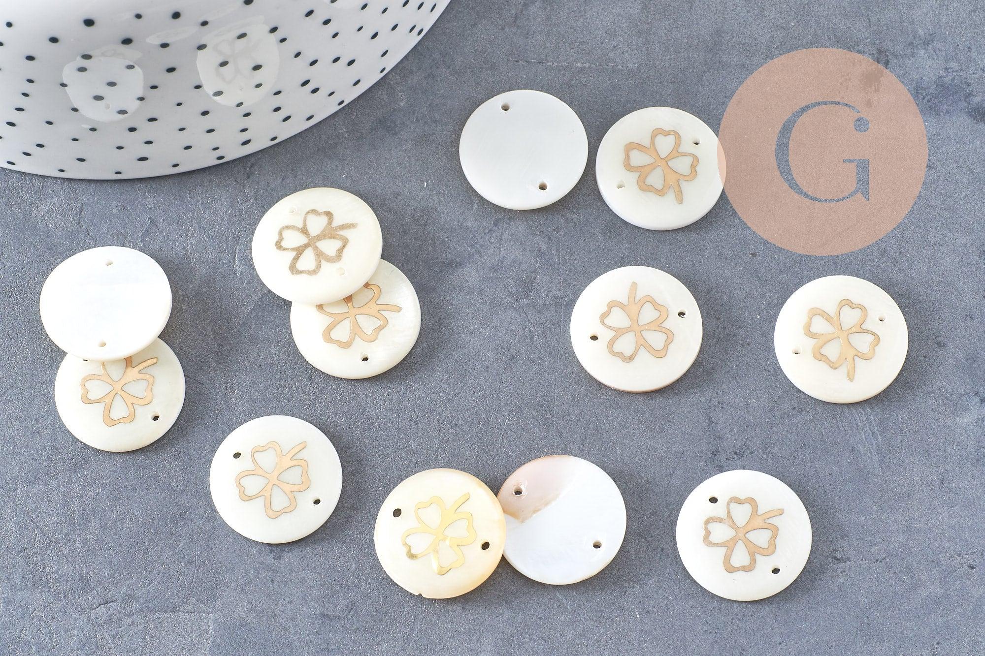 Pendentif rond nacre trèfle quatre feuilles 16mm, pendentif trèfle,coquillage blanc, coquillage naturel, x5 (G0915)